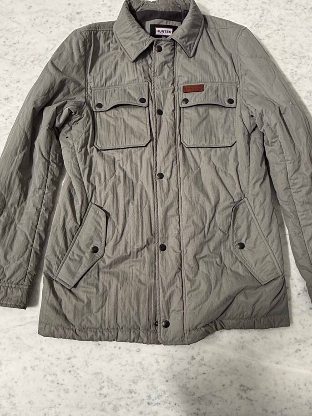 Hunter Men's Quilted Field Jacket in Light Gray with Brown Patch